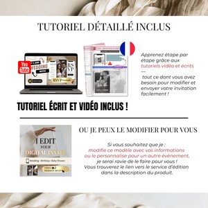 Page présentant le tutoriel détaillé inclus : version texte + vidéo. Invitation de mariage digitale personnalisable, options d’édition et instructions.