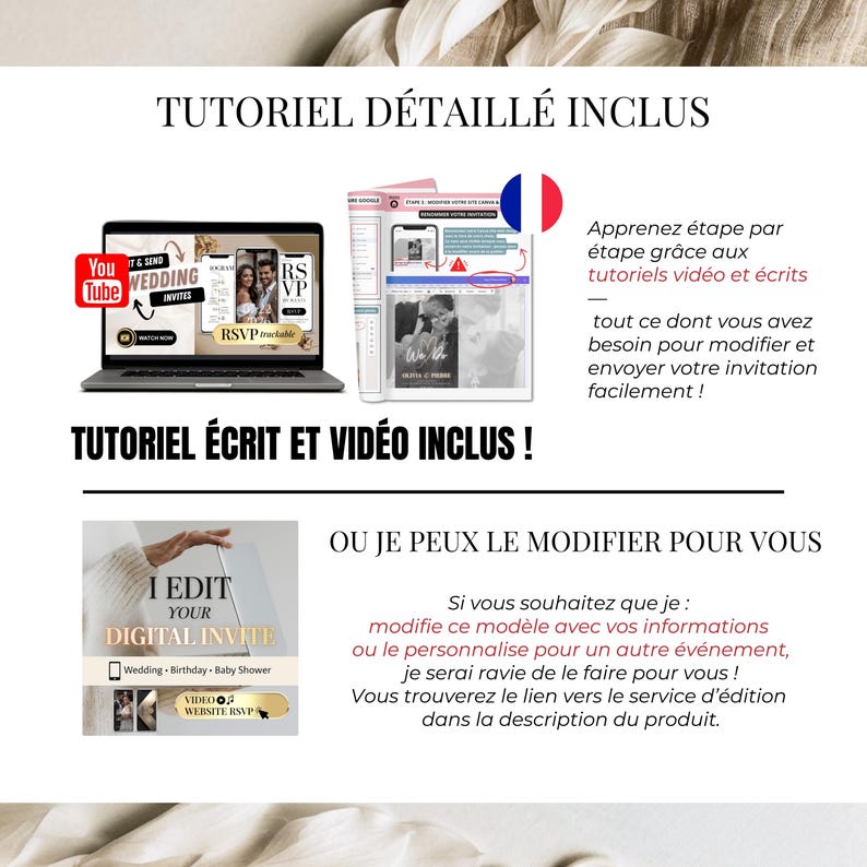 Page présentant le tutoriel détaillé inclus : version texte + vidéo. Invitation de mariage digitale personnalisable, options d’édition et instructions.