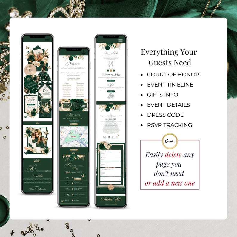 Emerald Green Quinceañera Website with event timeline, Court of Honor, RSVP tracking, dress code, venue details, gift registry, and interactive sections. Editable Canva invitation template for modern XV Años and Sweet 16 celebrations.