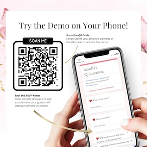Quinceañera RSVP demo with QR code access. Mobile phone screen shows a Google Form embedded in a digital invitation for Isabella’s Quinceañera. Guests can test the RSVP form in real time by scanning the QR code. Perfect for online event planning, digital invites, and response tracking. Fully editable Canva template designed for modern 15th birthday celebrations.