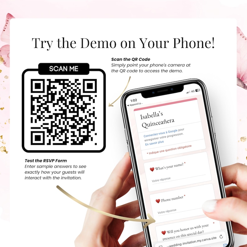 Quinceañera RSVP demo with QR code access. Mobile phone screen shows a Google Form embedded in a digital invitation for Isabella’s Quinceañera. Guests can test the RSVP form in real time by scanning the QR code. Perfect for online event planning, digital invites, and response tracking. Fully editable Canva template designed for modern 15th birthday celebrations.