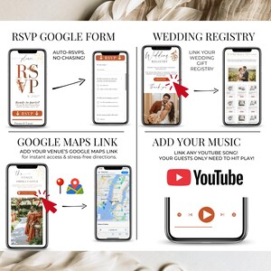 Wedding website features including RSVP Google Form, wedding registry, Google Maps location, and music integration shown on mobile screens.