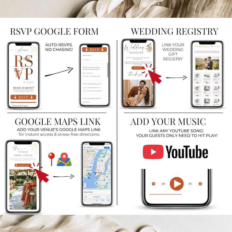 Wedding website features including RSVP Google Form, wedding registry, Google Maps location, and music integration shown on mobile screens.