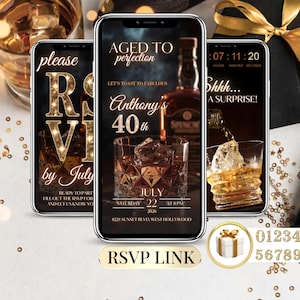 Men’s 40th Birthday Digital Invitation – editable whiskey theme party invite with RSVP form, countdown timer, music option and instant download. Aged to Perfection milestone birthday invitation for men, perfect for 40th birthday celebration but also works for 50th or 60th parties. Modern online birthday card template to share via SMS, WhatsApp or email, customizable in Canva in just minutes.
