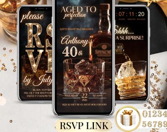 40th Birthday Invitation for Men – Whiskey Theme Aged to Perfection – Digital Surprise Party Invite with RSVP Editable Template 50th 60th