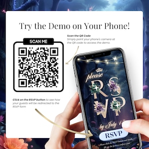 Live demo view of the Digital Quinceañera Invitation with QR code for phone preview. Blue and gold enchanted forest background with princess silhouette.