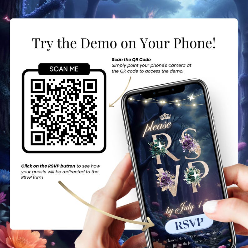 Live demo view of the Digital Quinceañera Invitation with QR code for phone preview. Blue and gold enchanted forest background with princess silhouette.