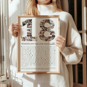 Affiche Anniversaire 18 Ans Cadeau Femme 18 ans Canva - 18th Birthday Photo Collage - Customizable Template Gift 18 Reasons We Love You Sign
