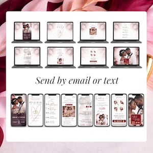 Send by email or text burgundy digital wedding invitation mockup showing multiple mobile pages, RSVP button, and elegant floral design