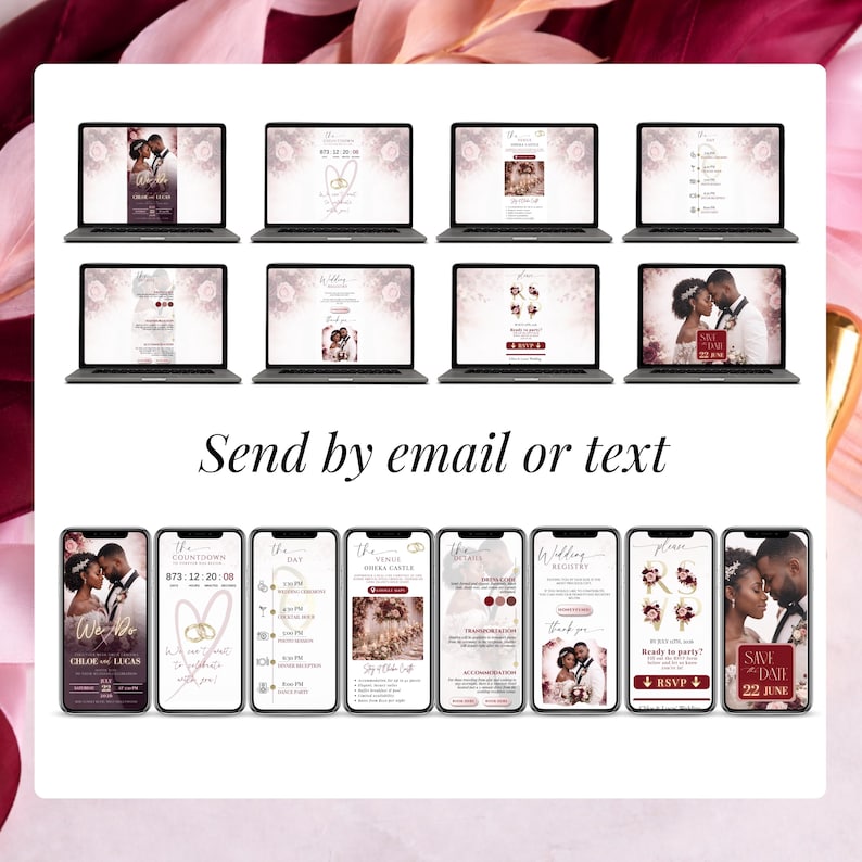 Send by email or text burgundy digital wedding invitation mockup showing multiple mobile pages, RSVP button, and elegant floral design