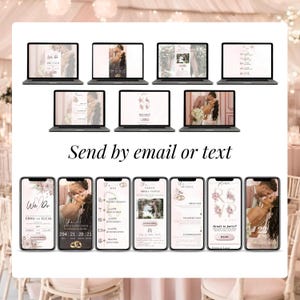 Digital wedding invitation preview gallery – elegant blush pink animated Canva templates, shareable via WhatsApp, email, or SMS for paperless modern weddings.