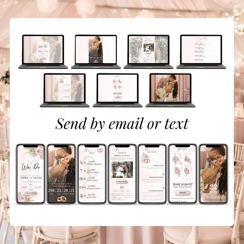 Digital wedding invitation preview gallery – elegant blush pink animated Canva templates, shareable via WhatsApp, email, or SMS for paperless modern weddings.