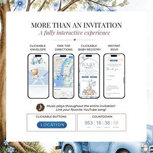 Interactive Teddy Bear Baby Shower invitation website with clickable envelope, Google Maps, baby registry, instant RSVP, countdown timer, YouTube music and editable Canva baby boy invitation template.