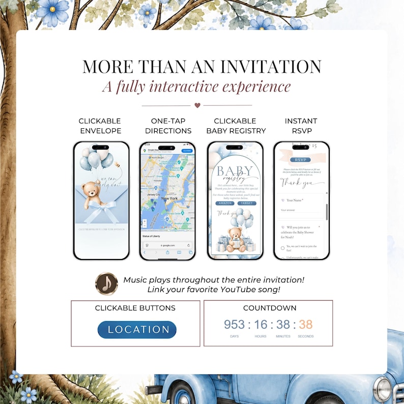 Interactive Teddy Bear Baby Shower invitation website with clickable envelope, Google Maps, baby registry, instant RSVP, countdown timer, YouTube music and editable Canva baby boy invitation template.