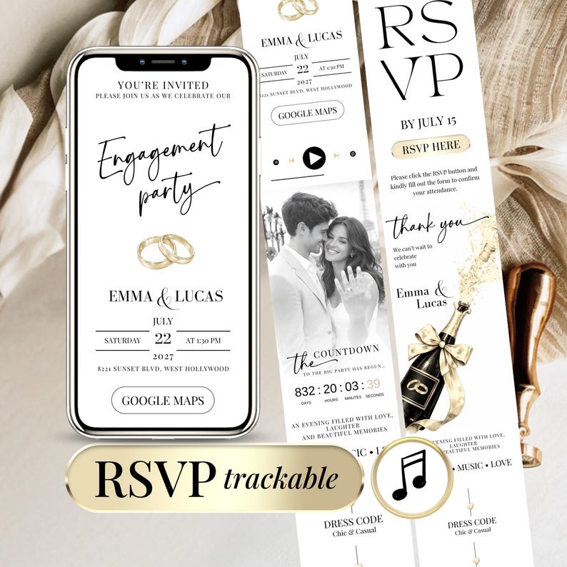 Engagement party digital invitation website with RSVP tracking, editable Canva template featuring black and gold design, Google Form RSVP, live countdown timer, music player, Google Maps button, modern and elegant engagement party invite displayed on smartphone mockup.