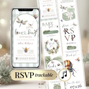 Peut inclure: Une invitation numérique pour une fête prénatale affichée sur un écran de smartphone avec des illustrations à l'aquarelle d'insectes, une libellule et une abeille. Le texte indique A little love bug is on the way, pour Mia Wilson, avec les détails.