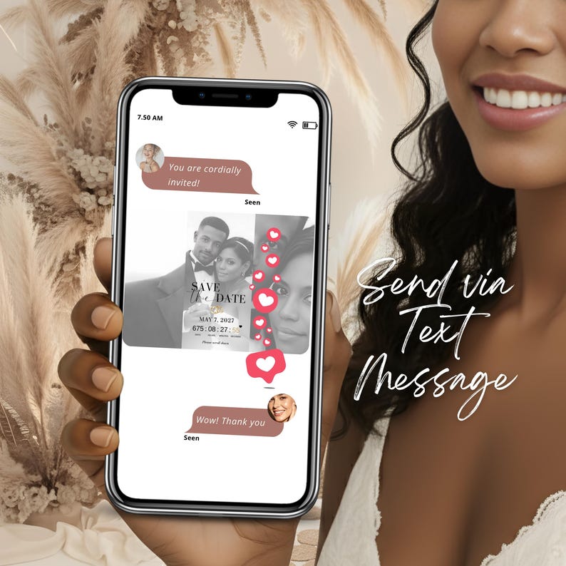 Bride holding phone displaying digital Save the Date wedding invitation with RSVP link, elegant animated Canva wedding invitation design.