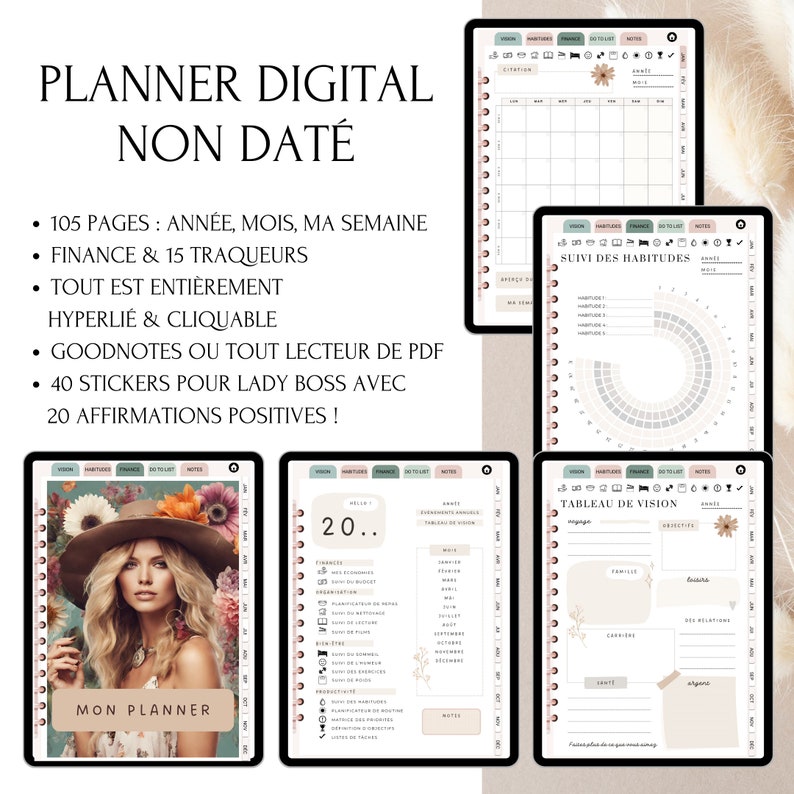 Agenda digital français non daté, Trackers, Planificateur Numérique Hyperlié pour GoodNotes, Agenda Planner numérique en français non daté