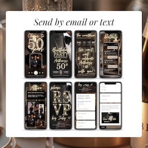 Complete men’s 50th birthday digital invitation website template with RSVP, countdown, details, attire guide, and save the date. Editable Canva template in elegant black and gold design, customizable for milestone birthdays 18th, 30th, 40th, 50th, 60th or any age. Online birthday evite with music option, instant download, share by email, text, or WhatsApp.