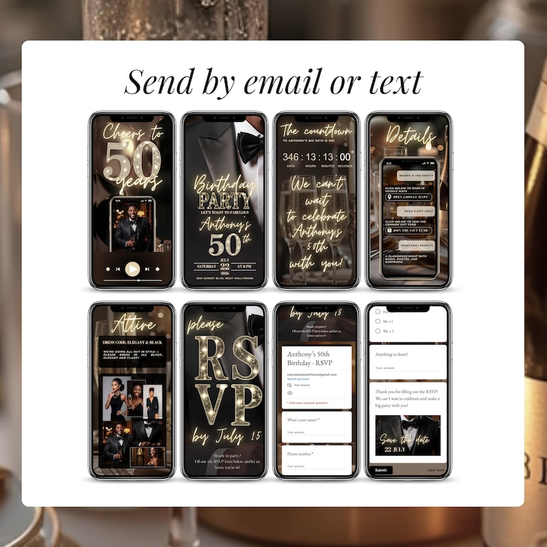 Complete men’s 50th birthday digital invitation website template with RSVP, countdown, details, attire guide, and save the date. Editable Canva template in elegant black and gold design, customizable for milestone birthdays 18th, 30th, 40th, 50th, 60th or any age. Online birthday evite with music option, instant download, share by email, text, or WhatsApp.