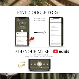 Wedding RSVP Google Form template with Canva website invitation, digital wedding invite with music, YouTube song integration, green wedding RSVP system, mobile wedding website, editable Canva invitation, instant RSVP, paperless wedding planning