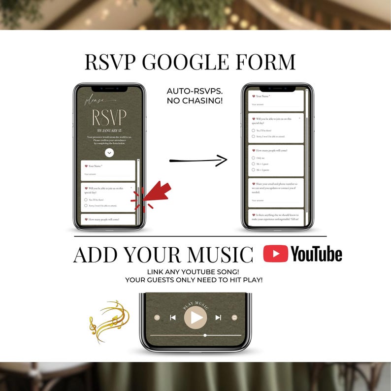 Wedding RSVP Google Form template with Canva website invitation, digital wedding invite with music, YouTube song integration, green wedding RSVP system, mobile wedding website, editable Canva invitation, instant RSVP, paperless wedding planning