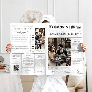 Template de faire-part de mariage en style journal, Gazette des Mariés, modèle Canva 4 pages A3, A4, A5, invitation personnalisable, idéal pour mariages créatifs