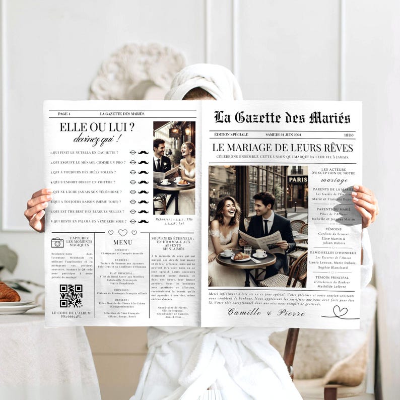 Template de faire-part de mariage en style journal, Gazette des Mariés, modèle Canva 4 pages A3, A4, A5, invitation personnalisable, idéal pour mariages créatifs