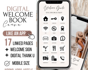 Digital Welcome Book Airbnb Template with Free Welcome Sign Mobile Welcome Book Template Canva Template Guest Book  VRBO Vacation rental