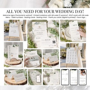 Complete wedding day stationery bundle – Includes welcome signs, RSVP cards with QR code, printed invitations (2 versions), menu, table numbers, seating chart, place cards, thank you cards (digital and printed), and favor tags. Sage green and minimalist design, editable in Canva. Perfect all-in-one printable wedding set for modern couples planning an elegant celebration.