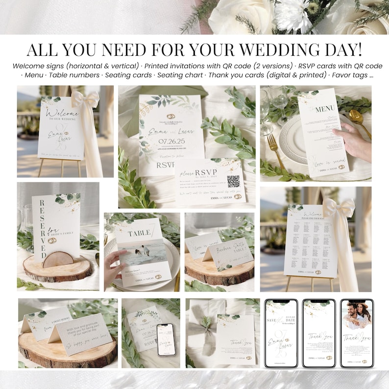 Complete wedding day stationery bundle – Includes welcome signs, RSVP cards with QR code, printed invitations (2 versions), menu, table numbers, seating chart, place cards, thank you cards (digital and printed), and favor tags. Sage green and minimalist design, editable in Canva. Perfect all-in-one printable wedding set for modern couples planning an elegant celebration.