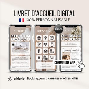 Peut inclure: Modèle de livret d'accueil numérique pour Airbnb, Booking.com et autres plateformes de location de vacances. Le modèle est personnalisable et comprend des icônes pour diverses commodités et services. Le texte comprend "Livret d'Accueil Digital", "100% Personalisable", "A Propos", "Bienvenue", "Adresse", "Check In - 16h00", "23 rue Lavoisier 13100 Aix en Provence", "Comment venir?", "Comme une App", et "Retour a l'Accueil".