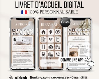 May include: A digital welcome booklet template for Airbnb, Booking.com, and other vacation rental platforms. The template is customizable and features icons for various amenities and services. The text includes "Livret d'Accueil Digital", "100% Personalisable", "A Propos", "Bienvenue", "Adresse", "Check In - 16h00", "23 rue Lavoisier 13100 Aix en Provence", "Comment venir?", "Comme une App", and "Retour a l'Accueil".