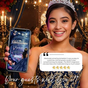 Quinceañera celebration preview image with smiling girl holding phone invitation. Blue and gold digital invite on screen with enchanted theme.
