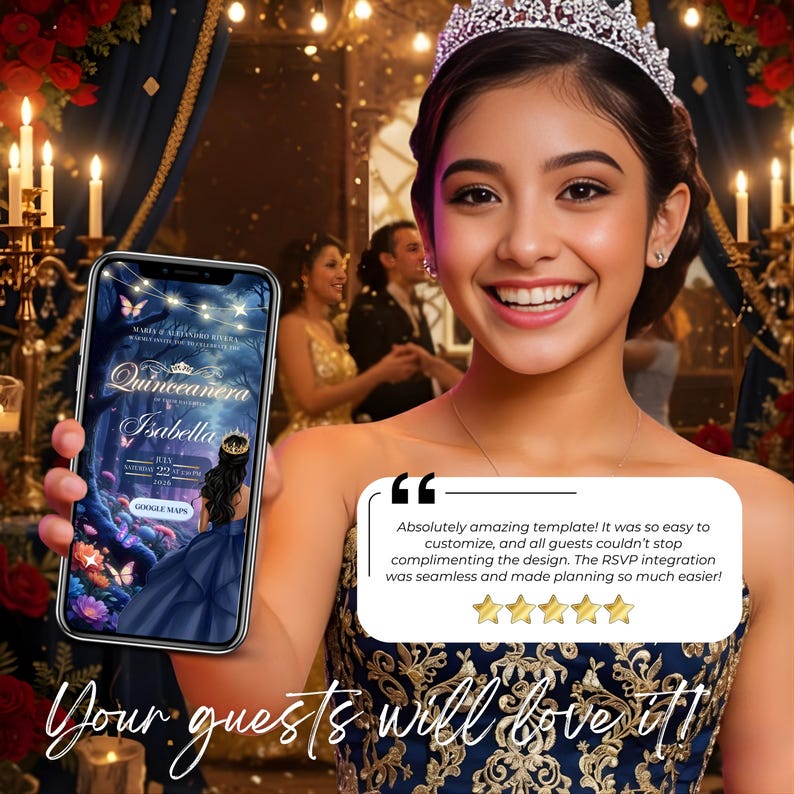 Quinceañera celebration preview image with smiling girl holding phone invitation. Blue and gold digital invite on screen with enchanted theme.