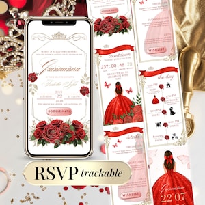 Invitacion Digital Quinceañera Roja Dorada - Plantilla Editable Canva Mis Quince 15 Años RSVP - Tarjeta Quinceañera Personalizable