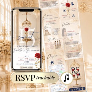 Può includere: Uno smartphone mostra un invito digitale per Quinceañera con una gabbia dorata e una rosa rossa. Il testo recita Sweet 15, Isabella's Quinceañera, 22 luglio 2026, 13:30, 123 Main St, Springfield, USA. Include un pulsante Google Maps e RSVP.
