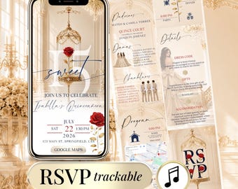 May include: A smartphone displaying a digital Quinceañera invitation with a gold birdcage and red rose graphic. The text reads Sweet 15, Isabella's Quinceañera, July 22, 2026, 1:30 PM, 123 Main St, Springfield, USA. Includes a Google Maps button and RSVP.