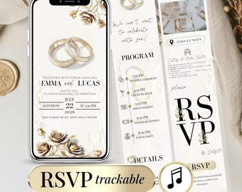 Gold Wedding Invitation Website Template, Online RSVP (Canva Editable)