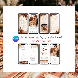 Editable Canva wedding invitation template, burnt orange wedding invitation RSVP website, terracotta wedding invitation, interactive fall autumn wedding invite, customizable digital wedding invitation, add or delete pages, wedding website template
