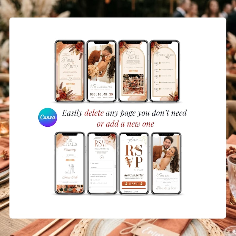 Editable Canva wedding invitation template, burnt orange wedding invitation RSVP website, terracotta wedding invitation, interactive fall autumn wedding invite, customizable digital wedding invitation, add or delete pages, wedding website template