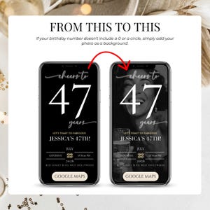Comparison "From This to This" showing how to add a personal photo background to the age numbers on the 50th birthday digital invite. This feature allows for a personalized, high-end look for a surprise party invitation sent via phone or SMS with an integrated RSVP link.