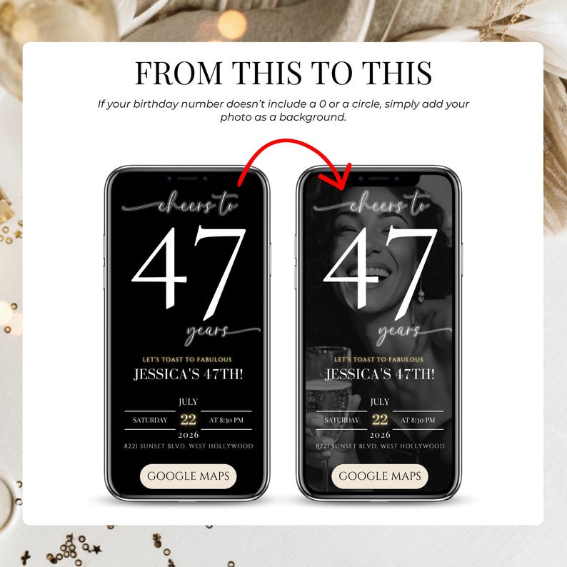 Comparison "From This to This" showing how to add a personal photo background to the age numbers on the 50th birthday digital invite. This feature allows for a personalized, high-end look for a surprise party invitation sent via phone or SMS with an integrated RSVP link.