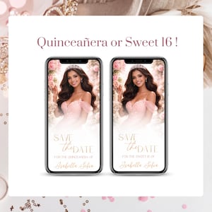 Quinceañera or Sweet 16 video invitation Canva template comparison, pink blush princess theme design with elegant typography, digital save the date invitation, customizable MP4 video invite, perfect for both quinceañera and Sweet 16 celebrations