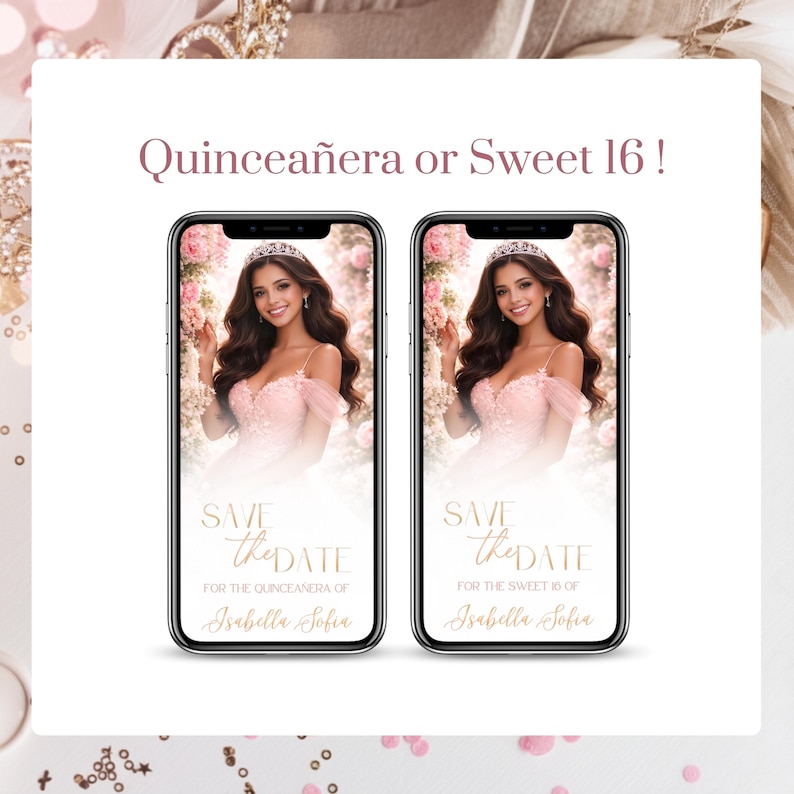 Quinceañera or Sweet 16 video invitation Canva template comparison, pink blush princess theme design with elegant typography, digital save the date invitation, customizable MP4 video invite, perfect for both quinceañera and Sweet 16 celebrations