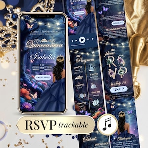 Digital Blue & Gold Quinceañera Invitation Website Template with RSVP tracking, editable in Canva. Fairytale enchanted forest design featuring princess blue dress, golden lights, music option, and mobile preview. Perfect for Quinceañera 15, Sweet 16, online RSVP link, and instant download invitation for texting, WhatsApp, and QR sharing.