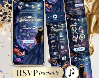 Enchanted Forest Quinceañera Invitation Website • Blue & Gold Princess (Editable Canva Template)