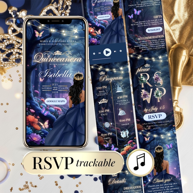 Digital Blue & Gold Quinceañera Invitation Website Template with RSVP tracking, editable in Canva. Fairytale enchanted forest design featuring princess blue dress, golden lights, music option, and mobile preview. Perfect for Quinceañera 15, Sweet 16, online RSVP link, and instant download invitation for texting, WhatsApp, and QR sharing.