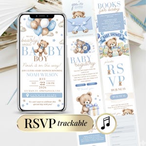 Einladung zur Babyparty für Jungen, blauer Teddybär | Website „We Can Bearly Wait“ | Digitale Antwortmöglichkeit mit Sendungsverfolgung und anklickbarem Umschlag