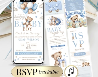 Zaproszenie na baby shower dla chłopca, niebieski miś | Strona internetowa We Can Bearly Wait | Cyfrowe RSVP z możliwością śledzenia, klikalna koperta